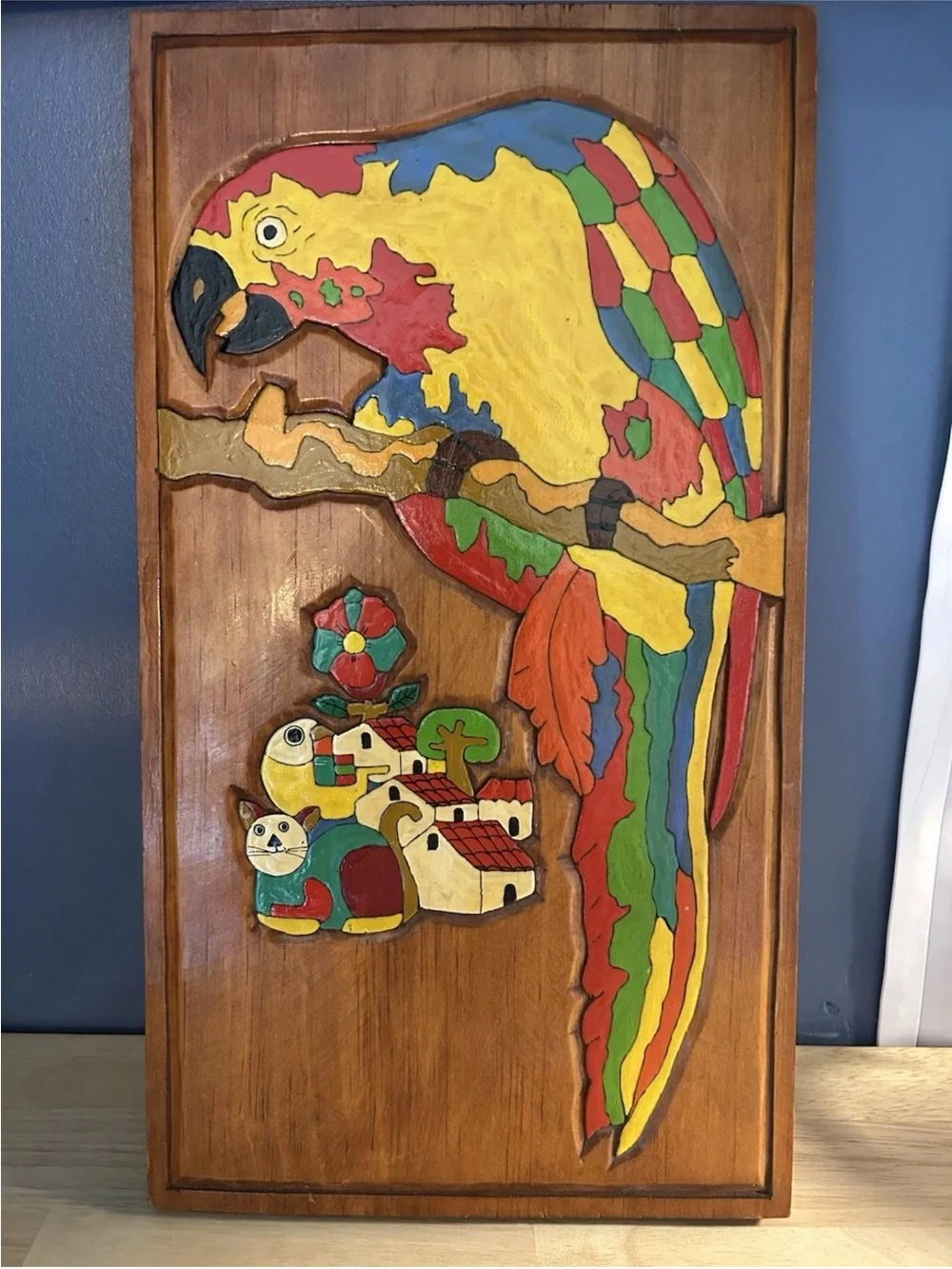 Vintage Wood Carved Parrot Wall Plaque Hand Painted Tropical Folk Art 16.5